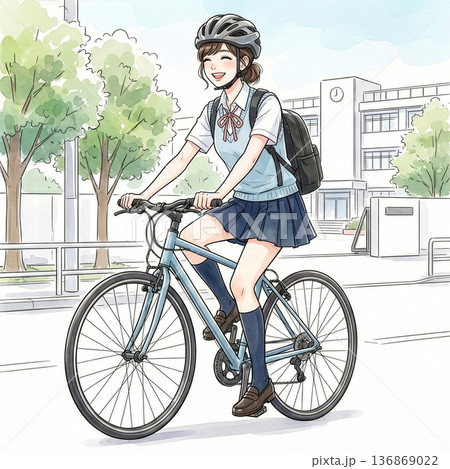 自転車通学する女子高生 136869022