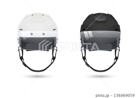 Vector 3d Ice Hockey Helmets Pair Isolated. Protective Sports Headgear. Player Safety Equipment for Winter Hockey, Front View. Realistic Vector Illustration Vector 3d Ice Hockey Helmets Pair Isolated. Protective Sports Headgear. Player Safety Equipment for Winter Hockey, Front View. Realistic Vector Illustration 136869059