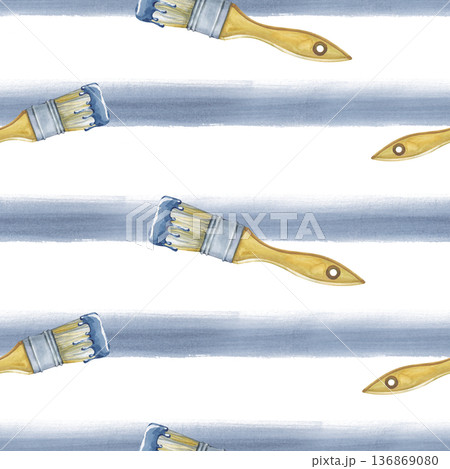 Seamless horizontal pattern with blue watercolor stripes and tassels on an isolated background. Watercolor illustration of a working tool for home renovation. Realistic repetitive background for 136869080