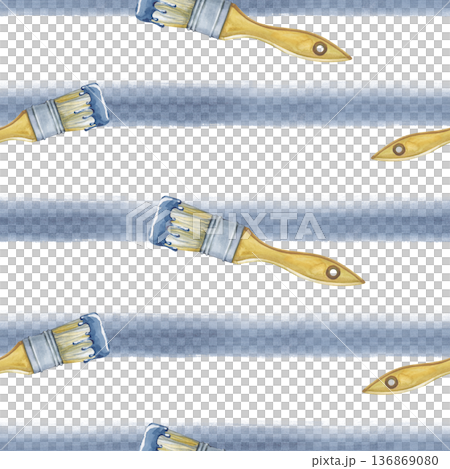 Seamless horizontal pattern with blue watercolor stripes and tassels on an isolated background. Watercolor illustration of a working tool for home renovation. Realistic repetitive background for 136869080