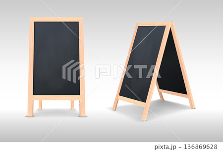 Vector 3d Two A-Frame Sidewalk Chalkboard Signs. Wooden Sandwich Boards Front and Angled View. Blank Menu Display for Cafe Restaurant Shop Promotion. Realistic Mockup Isolated 136869628