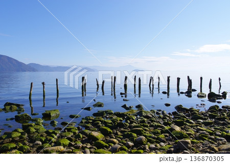 滋賀県 静寂に包まれた湖畔と木杭の風景 滋賀県 静寂に包まれた湖畔と木杭の風景 136870305