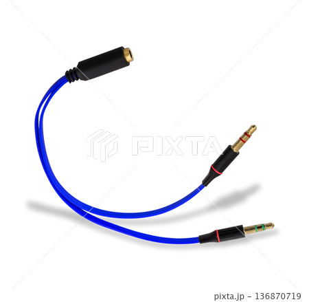 audio cable, adapter cord, on white background with shadow 136870719