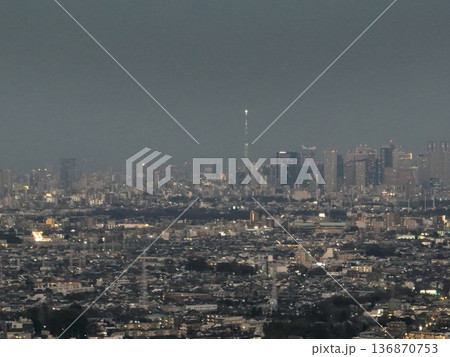 <鳥瞰>三鷹上空・東京スカイツリーと東京の街並みの夕景 <鳥瞰>三鷹上空・東京スカイツリーと東京の街並みの夕景 136870753