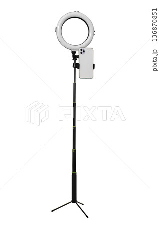 tripod with a lamp for a selfie, on a white background in isolation tripod with a lamp for a selfie, on a white background in isolation 136870851