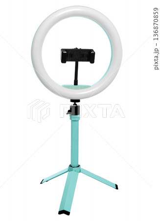 Selfie ring lamp with tripod, isolated on white background 136870859