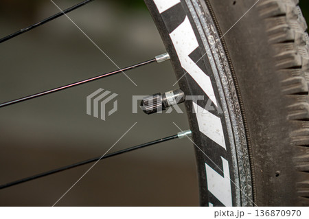 A valve with a cap on a bicycle wheel A valve with a cap on a bicycle wheel 136870970
