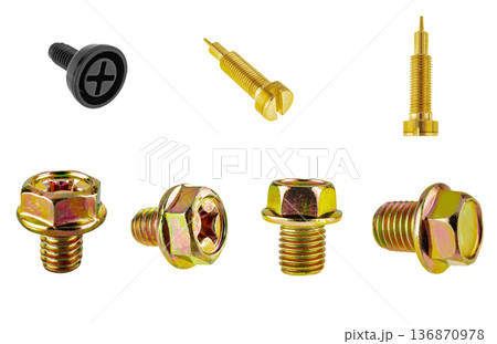 threaded bolts, metal and plastic, on a white background in isolation, collage 136870978