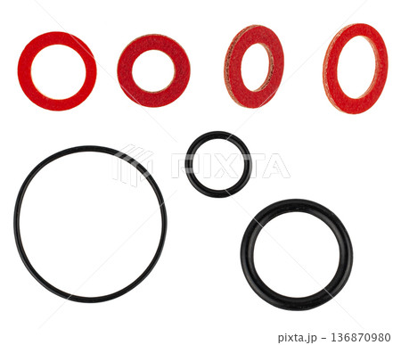 washers for nuts and rubber gaskets, on a white background, collage 136870980