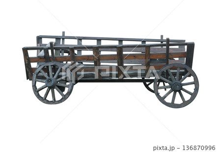 Old decrepit horse-drawn carriage, made of wood, on a white background in isolation Old decrepit horse-drawn carriage, made of wood, on a white background in isolation 136870996