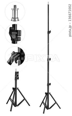 tripod for photographic equipment, light bulbs, on a white background in insulation tripod for photographic equipment, light bulbs, on a white background in insulation 136871002