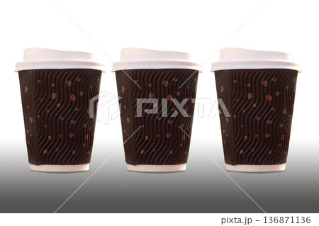 Three disposable coffee glasses with a lid on a white background in isolation 136871136