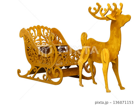 Deer and sleigh, decorative woodwork, isolated on white background Deer and sleigh, decorative woodwork, isolated on white background 136871153
