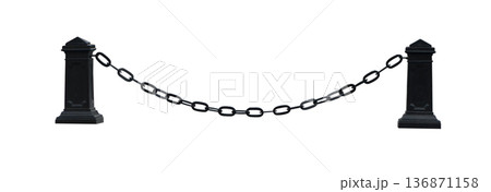 Stretched metal chain between the pillars on a white background in isolation Stretched metal chain between the pillars on a white background in isolation 136871158