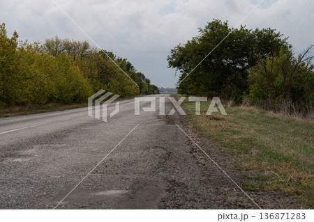 asphalt road with trees on the roadside in autumn 136871283