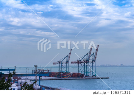 Seaport area, large cranes and stacked shipping containers against the backdrop of the sea Seaport area, large cranes and stacked shipping containers against the backdrop of the sea 136871311