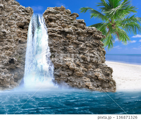 Landscape, Waterfall flows from a cliff and flows into the sea Landscape, Waterfall flows from a cliff and flows into the sea 136871326