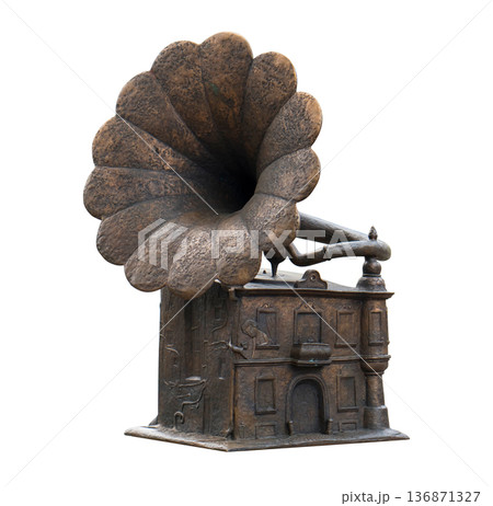 Gramophone, a monument in artistic performance, an ancient musical instrument on a white background isolated 136871327