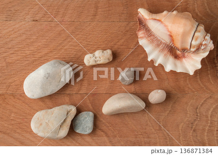Smooth stones of various sizes and shells are scattered on the wood board Smooth stones of various sizes and shells are scattered on the wood board 136871384