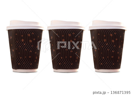 Three disposable coffee glasses with a lid on a white background in isolation Three disposable coffee glasses with a lid on a white background in isolation 136871395