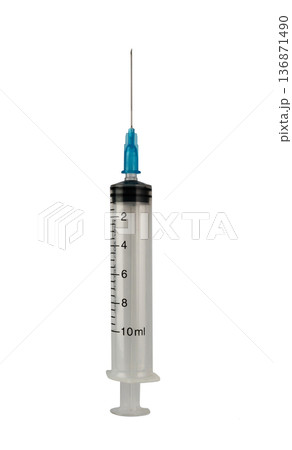 Medical syringe with a needle, ten milliliters, on a white background in isolation 136871490