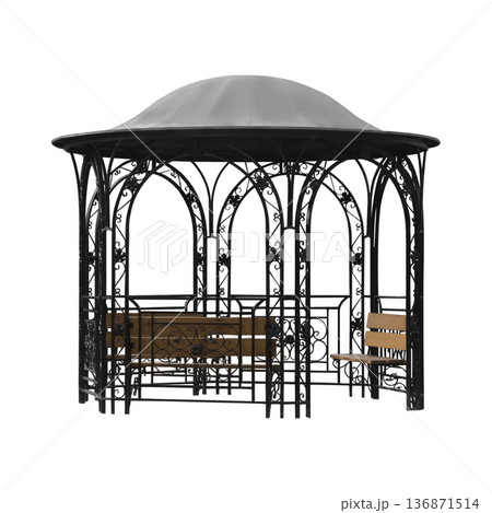 gazebo made of metal with wooden benches inside, on a white background in isolation gazebo made of metal with wooden benches inside, on a white background in isolation 136871514