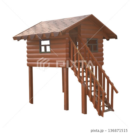 Wooden small house with a ladder, on a white background in isolation Wooden small house with a ladder, on a white background in isolation 136871515