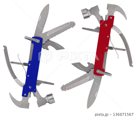 multifunctional knife multitool in the open state, on a white background in isolation multifunctional knife multitool in the open state, on a white background in isolation 136871567