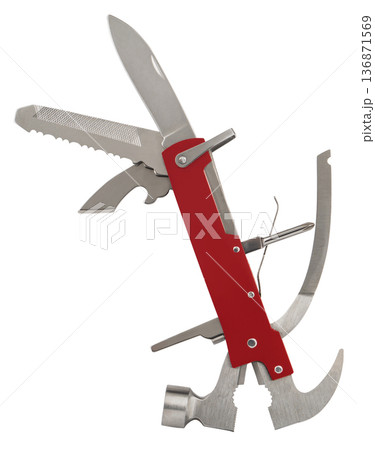 multifunctional knife multitool in the open state, on a white background in isolation multifunctional knife multitool in the open state, on a white background in isolation 136871569