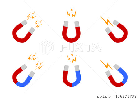 Set of red and blue U-shaped horseshoe magnets with lightning flash effects isolated on white background. Magnetic power, attraction or influence concept. Vector flat illustration Set of red and blue U-shaped horseshoe magnets with lightning flash effects isolated on white background. Magnetic power, attraction or influence concept. Vector flat illustration 136871738