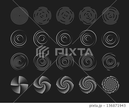 Set of white circular ripple or vortex symbols on black background. Concentric circles with broken lines. Centrifuge, whirlpool, sonar or sound wave, sunburst or signal signs. Vector illustration Set of white circular ripple or vortex symbols on black background. Concentric circles with broken lines. Centrifuge, whirlpool, sonar or sound wave, sunburst or signal signs. Vector illustration 136871943