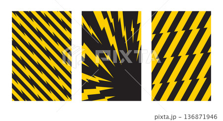 Set of vertical posters with thunder bolt effect. Yellow lightning shapes on black background. Wallpapers with manga style print. Flash electric light patterns. Vector flat illustration 136871946