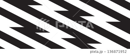 Repeating black and white zigzag lines wallpaper. Thunder bolt background. Electricity, flash light, jagged stripes pattern. Shock, speed or surprise anime cartoon print. Vector graphic illustration 136871952
