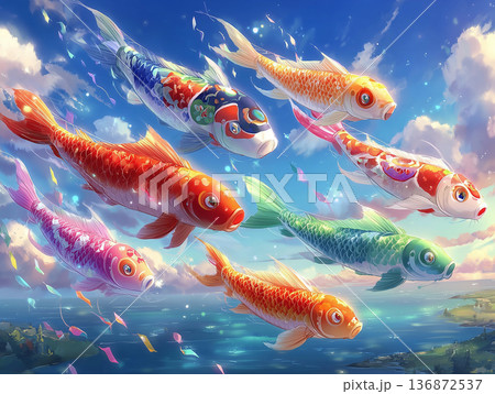 青空を泳ぐ鯉のぼりの水彩画風イラスト 136872537