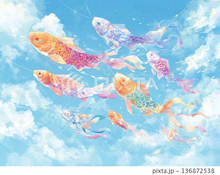 青空を泳ぐ鯉のぼりの水彩画風イラスト 136872538