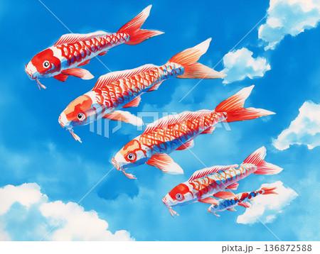 青空を泳ぐ鯉のぼりの水彩画風イラスト 136872588