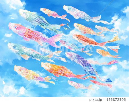 青空を泳ぐ鯉のぼりの水彩画風イラスト 136872596