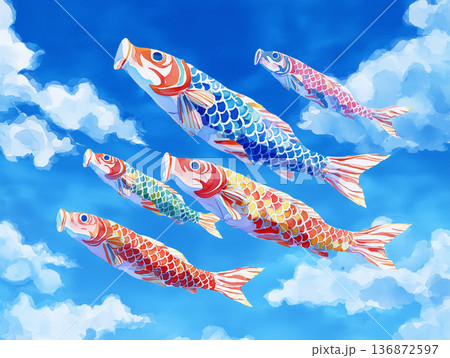 青空を泳ぐ鯉のぼりの水彩画風イラスト 青空を泳ぐ鯉のぼりの水彩画風イラスト 136872597