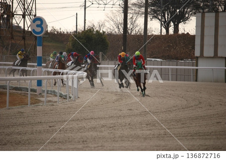 笠松競馬場の4コーナーを駆ける人馬 136872716