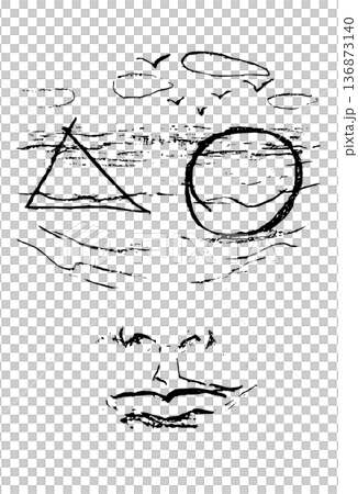 手繪插圖，描繪了一張閉著眼睛的臉，以及三角形或圓形的波浪，象徵大海和海鷗。 136873140