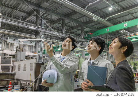 工場を視察する女性ビジネスパーソンと男性作業員 工場を視察する女性ビジネスパーソンと男性作業員 136874219