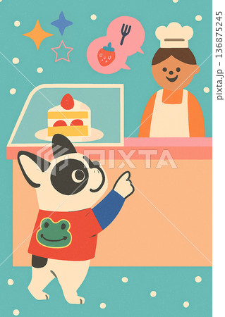 ケーキ屋で注文するフレンチブルドッグ（立ち姿・ポップ・かわいい） 136875245