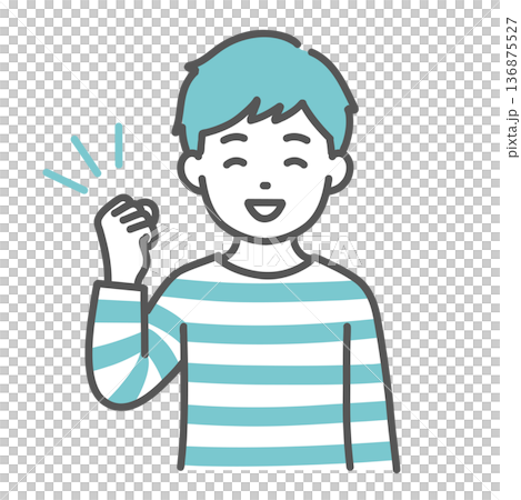 Illustration of a boy (child) doing a fist pump (support, success, upper body) 136875527