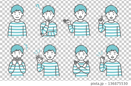 男の子(子ども)の表情・ポーズイラストセット(上半身・8種類) 男の子(子ども)の表情・ポーズイラストセット(上半身・8種類) 136875530