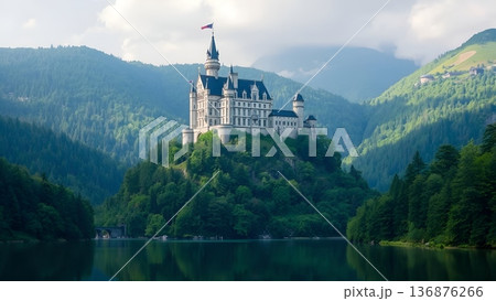 Neuschwanstein Castle Majesty: Bavarian Alps and Serene Lake View 136876266