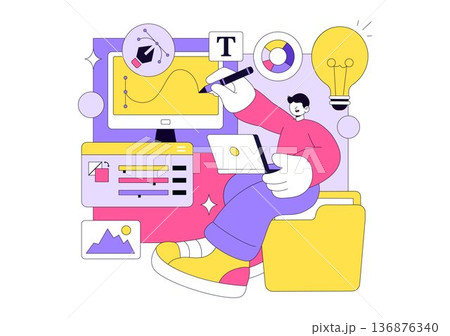 Graphic Designer Vector Illustration Showcasing Creativity And Business Using Design Software To Create Cartoon And Animation Projects in Background 136876340