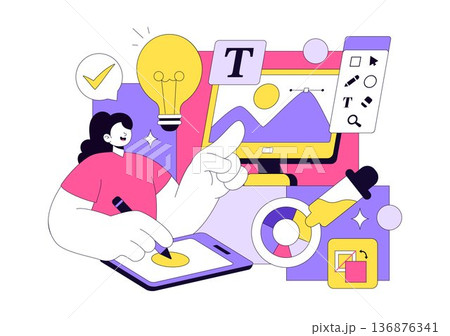 Graphic Designer Vector Illustration Showcasing Creativity And Business Using Design Software To Create Cartoon And Animation Projects in Background Graphic Designer Vector Illustration Showcasing Creativity And Business Using Design Software To Create Cartoon And Animation Projects in Background 136876341