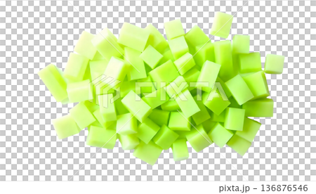 Green celery cubes stacked on a transparent background, representing wellness and nutrition during National Celery Month celebrations 136876546