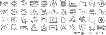 ベクターでモノクロのサイバープロテクションに関する線画アイコンセット 136876791