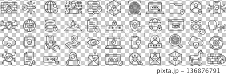 ベクターでモノクロのサイバープロテクションに関する線画アイコンセット 136876791